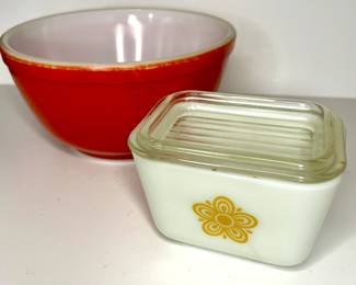 Pyrex red mixing bowl and "Butterfly" storage container