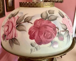 Antique brass hurricane lamp with hand painted and signed frosted glass shade