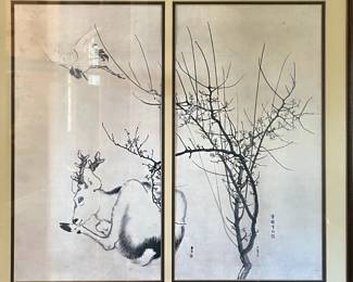 Framed art print "Deer, Stork on the Wing and Plum Blossoms" by Toyo, Goshun and Ganku