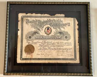 Framed certificate from United Daughters of the Confederacy
