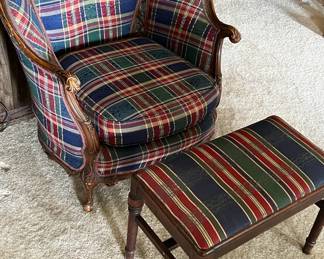 Plaid upholstered chair and footstool