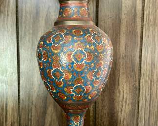 Hand painted etched brass vase