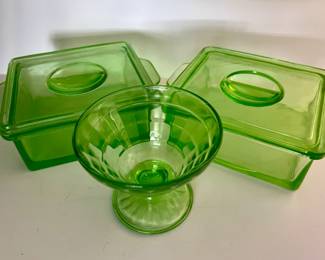Green vaseline glass storage and parfait glass