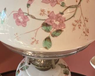 Antique hand painted glass and brass lamp