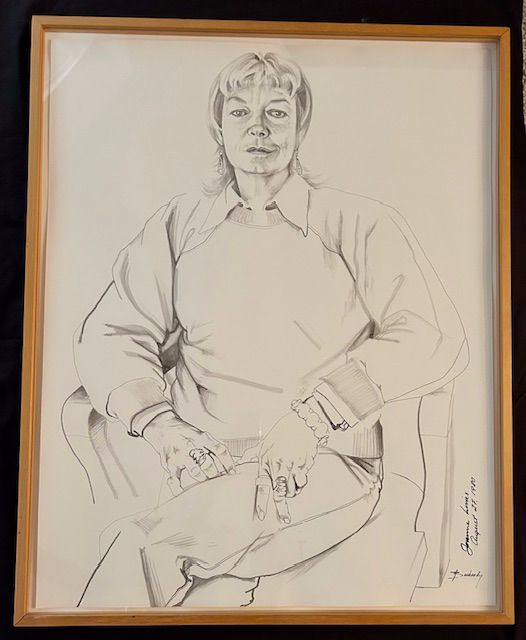 DON BACHARDY (born 1934), Portrait of Joanne Livas (seated), signed by the sitter, signed by the artist, mixed media, strip wood frame, black/white, 23 x 28 1/2 inches sight size; 24 1/2 x 30 1/2 inches framed.