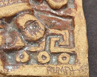 Jim Rumph (1942 - 1993) Mayan figure with symbols in clay,  signed Rumph '63, 6.5 X6.5 inches.
