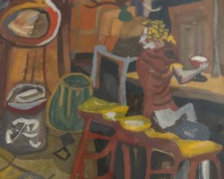 Attributed to Phil Barber, Casa Mia Restaurant Bar interior with trophy heads, circa mid 20th century, oil painting, 25 1/2 x 21 inches framed, unsigned.