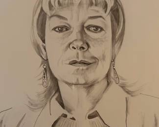 DON BACHARDY (born 1934), Portrait of Joanne Livas (seated), signed by the sitter, signed by the artist, mixed media, strip wood frame, black/white, 23 x 28 1/2 inches sight size; 24 1/2 x 30 1/2 inches framed.