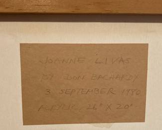 DON BACHARDY (born 1934) Portrait of Joanne Livas, circa 1980, acrylic on paper, 20 x 26 inches sight size, 28 x 22 inches framed, strip wood frame, unsigned, inscribed on verso.
