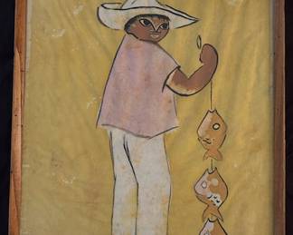 Mid to late 20th century, Boy with fish on line, pigmented textile, signed (illegible). 23 1/2 x 33 1/2 inches sight size, 35 x 25 inches framed.