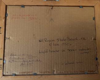 Attributed to Jo Lathwood (1902-1987), Afternoon at Will Rogers State Beach, CA late 1950s, 16.5 x 13.5  framed, unsigned, provenance on back. #13