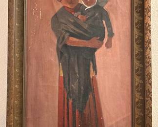 Attributed to Mexican artist, Mother and Child in traditional Spanish colonial garb, oil on canvas, minor abrasions, gilt wood frame, circa early 20th century, 26 x 16.5 inches framed, unsigned.