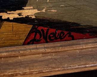 Attributed to Mexican artist, Cock fight with Mexican men seated in a circle, signed D. Velez, oil on board, 15 1/2 x 19 1/2 inches framed, circa mid 20th century.