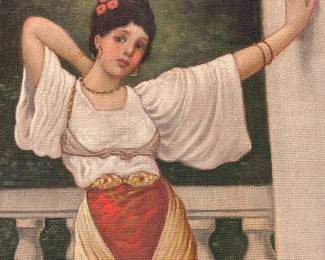 Women in outdoor pavilion, oil on canvas fabric, gilt wood frame, 48 x 30 inches sight size, 52 x 34 inches framed, circa 20th century, unsigned.