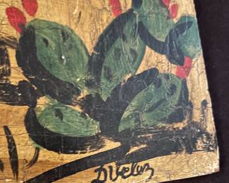 Attributed to Mexican artist, Man on a Donkey with cactus, signed D. Velez, oil on board, 14 x 18 inches unframed, circa mid 20th century.