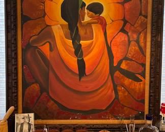 Mexican mother and child, wood frame, circa late 20th century, signed illegibly with monogram, minor losses, abrasions, 44 1/2 x 48 1/2 inches framed.