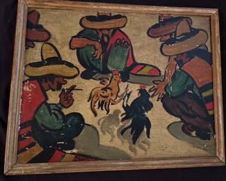 Attributed to Mexican artist, Cock fight with Mexican men seated in a circle, signed D. Velez, oil on board, 15 1/2 x 19 1/2 inches framed, circa mid 20th century.