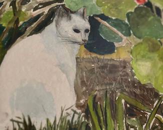 Jo Lathwood (1902-1987), White Cat in the Garden, 20 x 25 framed, signed. #17