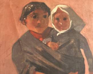 Attributed to Mexican artist, Mother and Child in traditional Spanish colonial garb, oil on canvas, minor abrasions, gilt wood frame, circa early 20th century, 26 x 16.5 inches framed, unsigned.