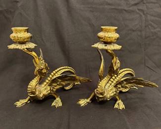 Tiffany & Co., New York, NY, pair, dragon brass candlesticks, circa 1875 - 1891, 7 1/2 inches tall, signed, provenance with  letter from Tiffany & Co, NY dated 1966.