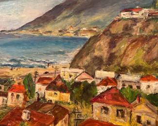 Helen Van Cleave, (1891-1975) Landscape State Beach Santa Monica, CA, signed, oil on canvas, wooden frame with textile runner, 23 x 17 inches sight size, 28 x 22 1/2 inches framed.