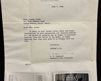 Tiffany & Co., New York, NY, pair, dragon brass candlesticks, circa 1875 - 1891, 7 1/2 inches tall, signed, provenance with  letter from Tiffany & Co, NY dated 1966.