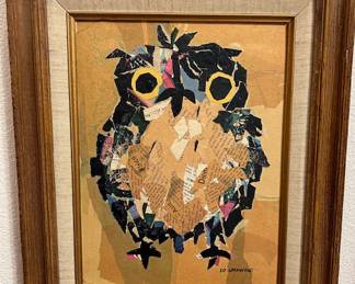 Jo Lathwood (1902-1987) Modernist, Owl Collage, 13 x 16 1/2 framed, signed. #25