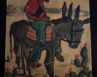 Attributed to Mexican artist, Man on a Donkey with cactus, signed D. Velez, oil on board, 14 x 18 inches unframed, circa mid 20th century.