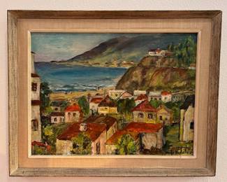 Helen Van Cleave, (1891-1975) Landscape State Beach Santa Monica, CA, signed, oil on canvas, wooden frame with textile runner, 23 x 17 inches sight size, 28 x 22 1/2 inches framed.