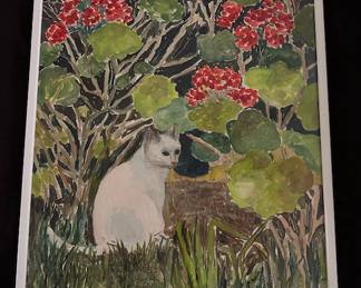 Jo Lathwood (1902-1987), White Cat in the Garden, 20 x 25 framed, signed. #17