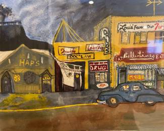 Attributed to Phil Barber, provenance sticker on frame, Santa Monica Canyon landscape with car, 1952, 20 x 15 1/2 inches site size, 27 x 22 1/2 inches framed, unsigned, depicts Casa Mia Restaurant and other local hang outs.