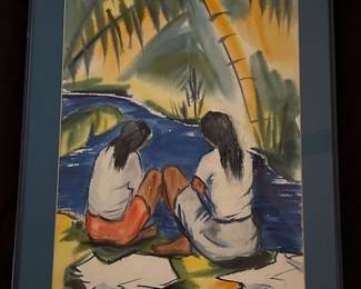 Attributed toJo Lathwood (1902-1987), Two Women sitting by the water, 26 x 19 framed, unsigned. #21