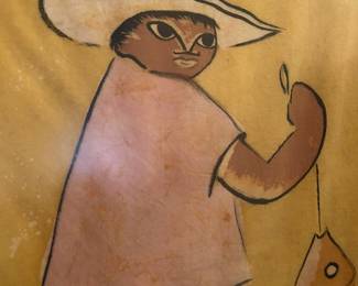 Mid to late 20th century, Boy with fish on line, pigmented textile, signed (illegible). 23 1/2 x 33 1/2 inches sight size, 35 x 25 inches framed.