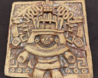 Jim Rumph (1942 - 1993) Mayan figure with symbols in clay,  signed Rumph '63, 6.5 X6.5 inches.