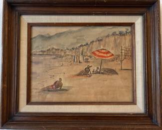 Attributed to Jo Lathwood (1902-1987), Afternoon at Will Rogers State Beach, CA late 1950s, 16.5 x 13.5  framed, unsigned, provenance on back. #13