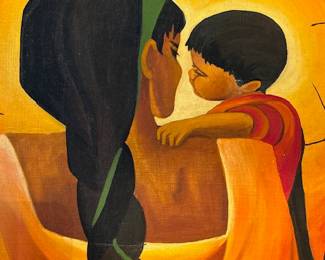 Mexican mother and child, wood frame, circa late 20th century, signed illegibly with monogram, minor losses, abrasions, 44 1/2 x 48 1/2 inches framed.
