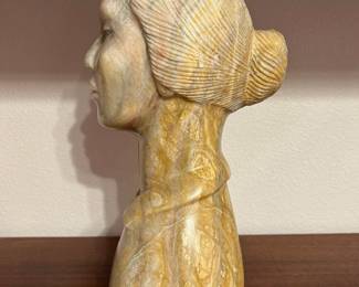 Evelyn Fredericks (1948 -2021) Portrait bust, carved from Utah alabaster quarry north of Cedar City, 13 1/2 x 16 1/2 inches, provenance note from the artist, signed.