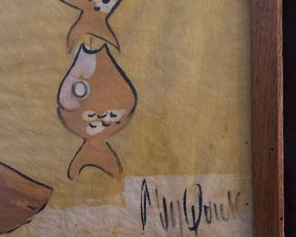 Mid to late 20th century, Boy with fish on line, pigmented textile, signed (illegible). 23 1/2 x 33 1/2 inches sight size, 35 x 25 inches framed.