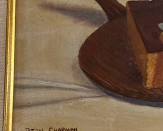 Dean Chapman (1937-2001), Still life with cheese and wine bottle, gilt wood frame, circa late 20th century, oil on canvas, 12 x 14 inches framed, signed.