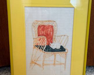 Jo Lathwood (1902-1987), Chair with Cat on lined paper, 9 x 12 framed, signed Jo. #26