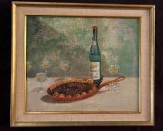 Dean Chapman (1937-2001), Still life with fish and wine bottle, gilt wood frame, circa late 20th century, oil on canvas, 12 x 14 inches framed, signed.
