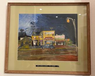 Attributed to Phil Barber, provenance sticker on frame, Santa Monica Canyon landscape with car, 1952, 20 x 15 1/2 inches site size, 27 x 22 1/2 inches framed, unsigned, depicts Casa Mia Restaurant and other local hang outs.