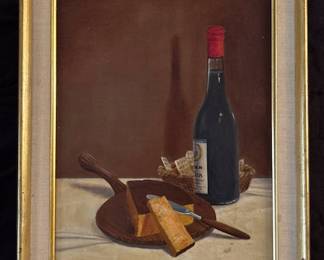 Dean Chapman (1937-2001), Still life with cheese and wine bottle, gilt wood frame, circa late 20th century, oil on canvas, 12 x 14 inches framed.