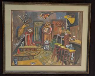 Attributed to Phil Barber, Casa Mia Restaurant Bar interior with trophy heads, circa mid 20th century, oil painting, 25 1/2 x 21 inches framed, unsigned.