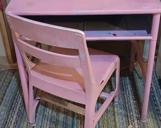 Vintage pink metal desk with matching chair