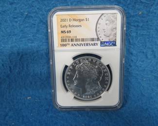Lot 41. 2021 D 100th Anniversary Early Release Morgan Sliver Dollar graded by NGC MS69