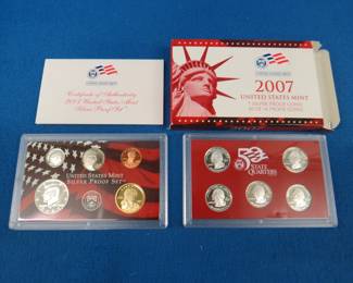 Lot 300. 2007 U.S. Mint Silver Proof Set with 90% Silver Half, Dime, and all five state Quarters; and a presidential $1 Proof set.