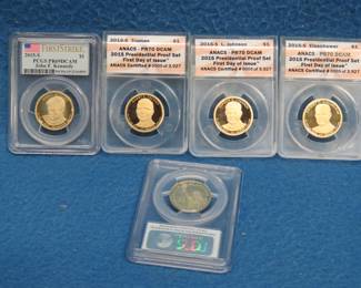 Lot 35. Five 2025-S gold-colored Presidential dollar coins featuring Presidents Johnson (Andrew and Lyndon)