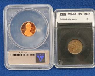 Lot 220. 1902 Indian Head Penny slabbed and graded MS-63 BN by Pushkin; and a 2010 S Lincoln Penny slabbed and graded PR70DCAM by ANACS
