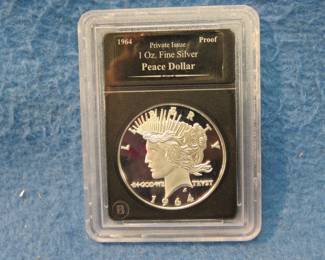 Lot 58. Private issue 1964 Peace Silver Dollar Proof with one oz. fine silver